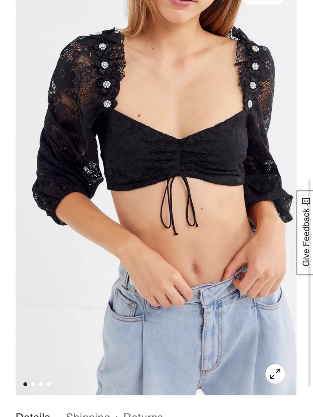 For Love & Lemons Lafayette Cinched Puff  floral lace crop top in Black & White